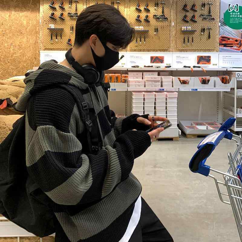 ニット メンズ フード付き プルオーバー ボーダー柄 ゆったり オーバーサイズ 韓国ファッション リラックス レトロ 秋 アクリル ブラック グリーン 切り替え|naruki