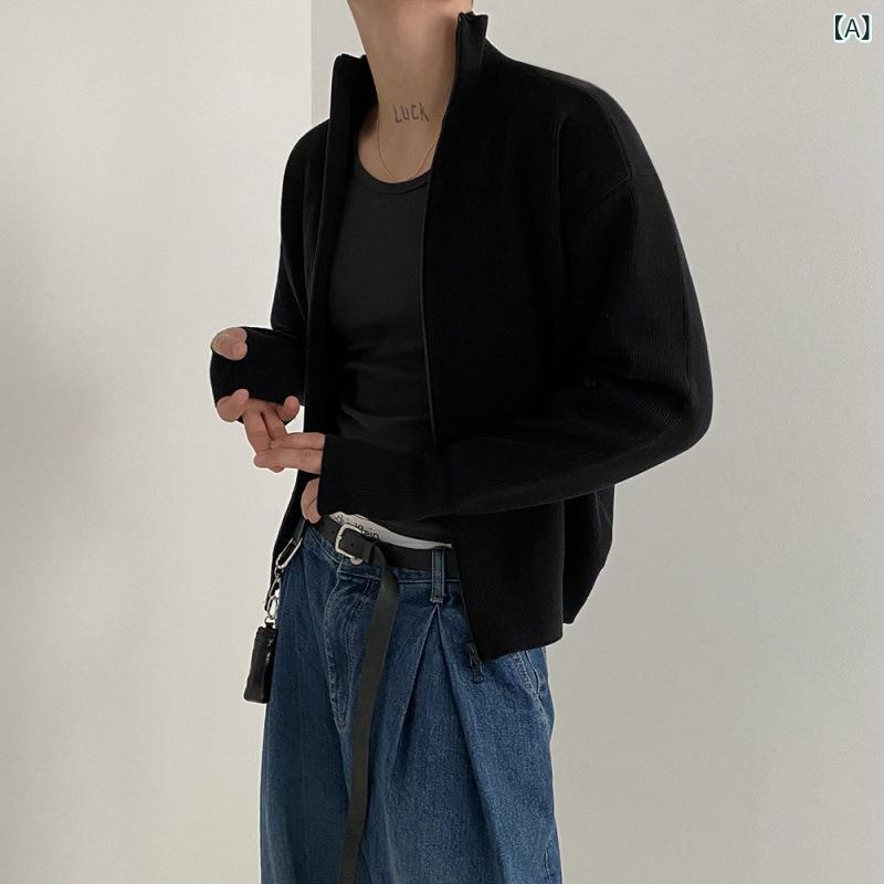 ニットカーディガン メンズ ジップアップ スタンドカラー ゆったり トレンド 韓国ファッション リラックス 秋冬 ビスコース ポリエステル ナイロン