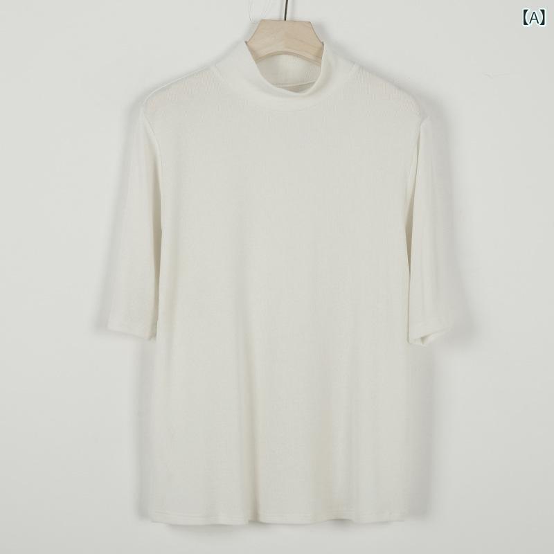 Tシャツ レディース 春夏 ハイネック 半袖 ウール テンセル リヨセル繊維 リブ ベーシック シンプル 無地 高級感 プルオーバー デイリーユース カジュアル