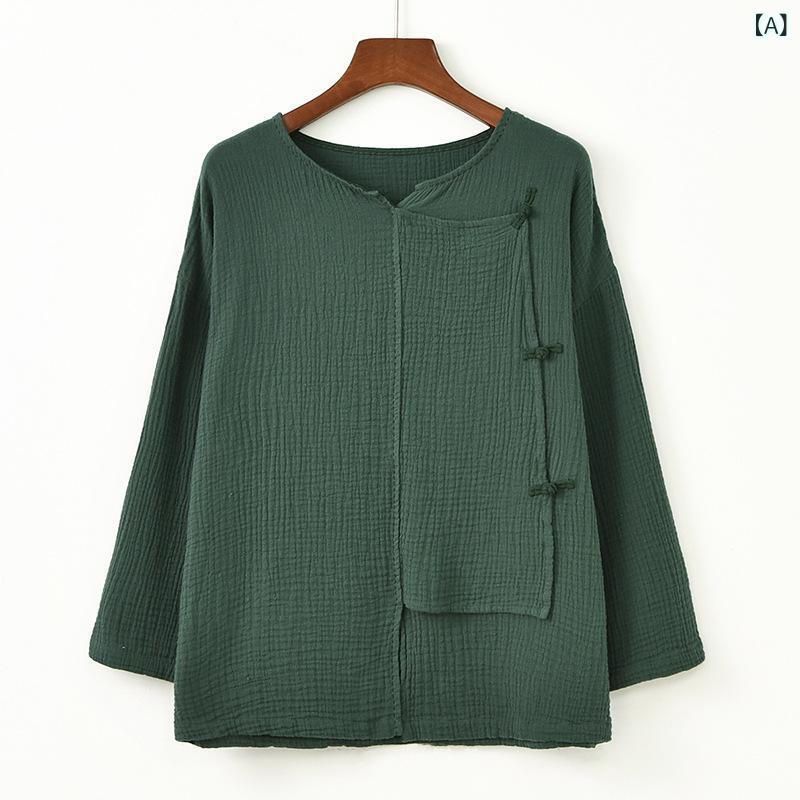 カーディガン レディース 春夏 レトロ ヴィンテージ チャイナボタン デザイン性 羽織り ダブルガーゼ コットン Tシャツ カットソー 長袖 丸首 普段使い カジュアル 無地 ウォッシュ加工 ホワイト ダークモスグリーン ピンク系 レトロレッド