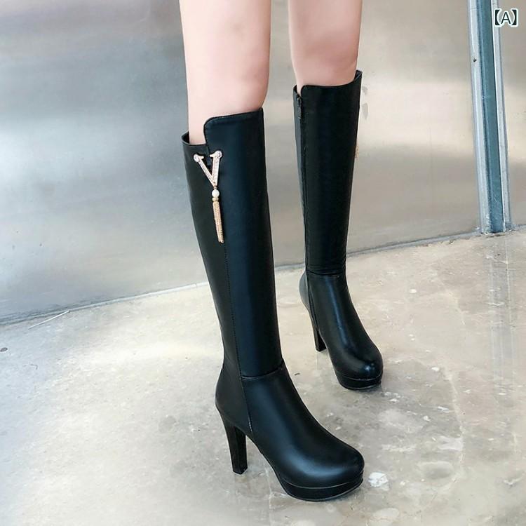 ブーツ 女性用 秋冬 大きいサイズ 小さいサイズ 超ハイヒール プラットフォーム 厚底 サイドジッパー チャンキーヒール 保温 あたたかい PUレザー ラウンドトゥ 無地 欧米風