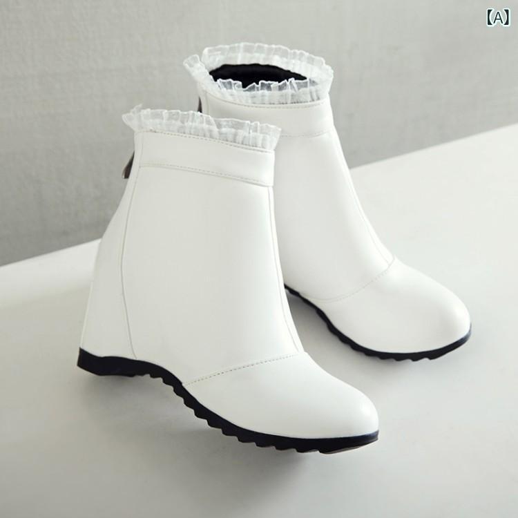 ブーツ レディース ショートブーツ ウェッジソール 厚底 ハイヒール レース 花柄 編み上げ サイドジップ ラウンドトゥ PUレザー ブラック 黒 秋冬 フェミニン きれいめ 上品