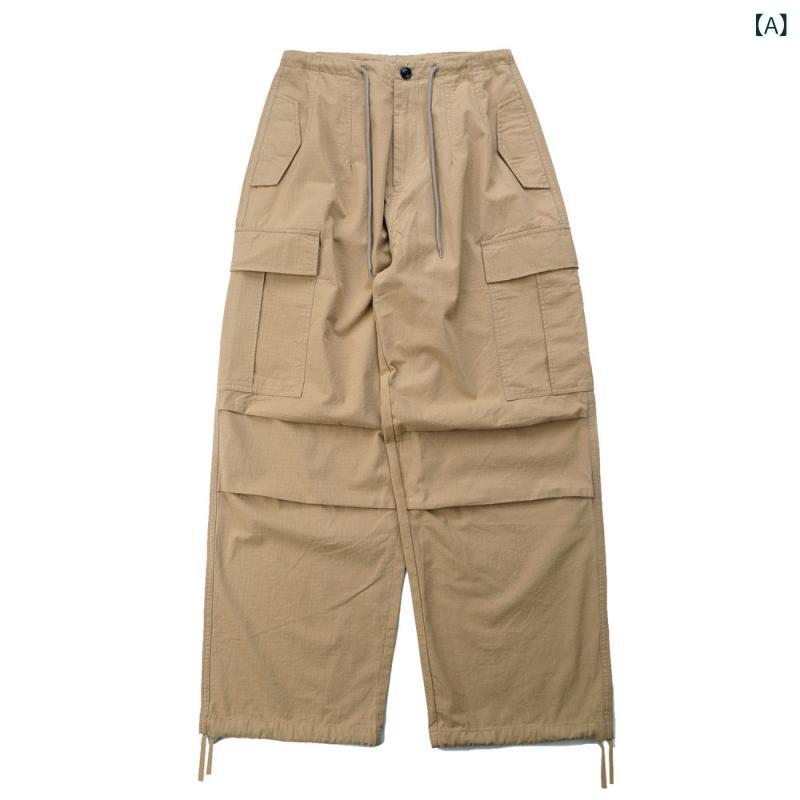 カーゴパンツ メンズ ワイド ルーズフィット パラシュートパンツ ドローストリング 裾絞り マルチポケット ストリート カジュアル シワ加工 ミドルウエスト ロング丈 ボトムス 綿 コットン 通気性