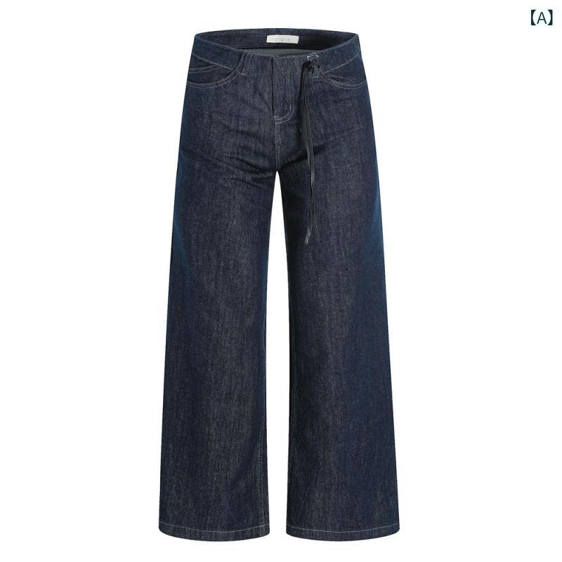 デニムパンツ メンズ ルーズフィット ワイドストレート ジーンズ 綿 コットン ウォッシュ加工 ウエストデザイン ポケット付き 無地 デニムブルー カジュアル 普段着 ストリート アメカジ 着回し ノンストレッチ