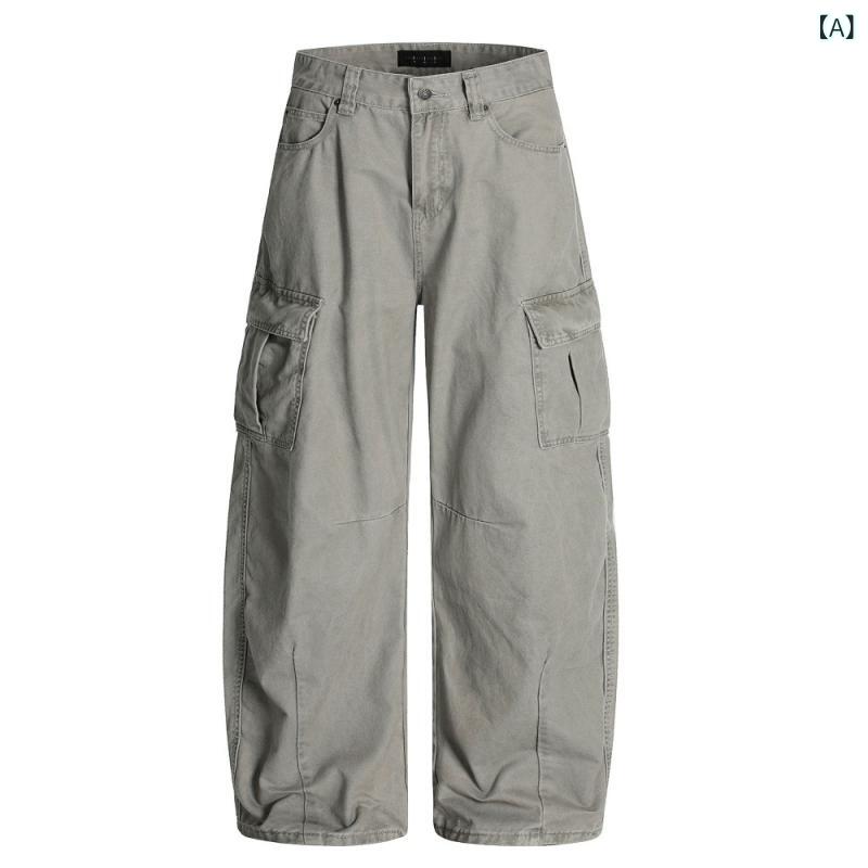 デニムパンツ メンズ ストリートファッション ワイドパンツ ルーズフィット カーブシルエット ワーク マルチポケット ウォッシュ加工 コットン ミドルライズ カジュアル 普段使い 通年