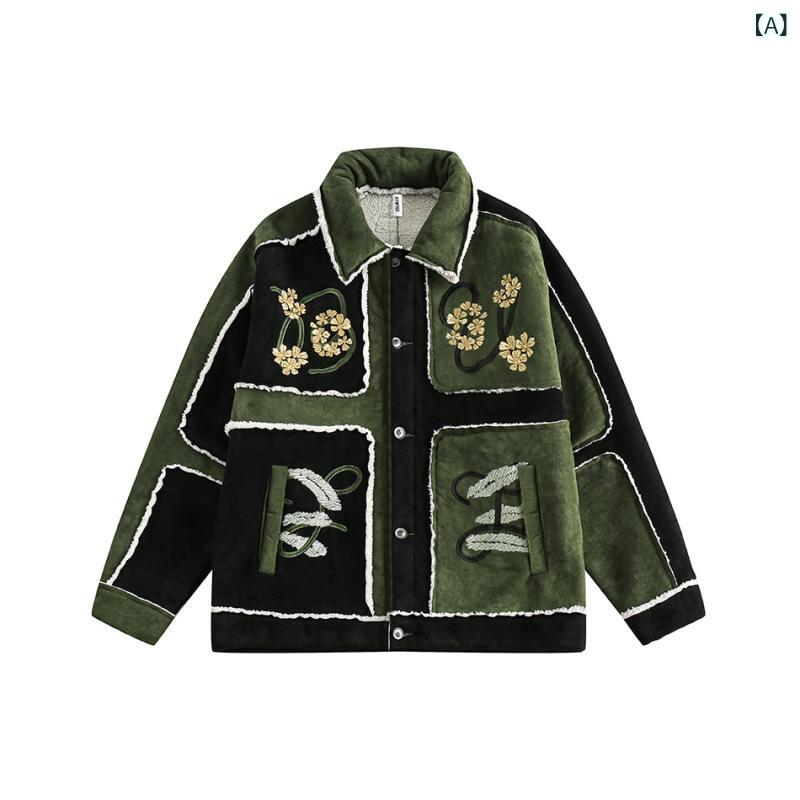 中綿ジャケット メンズ 男性用 切り替え 小花柄 刺繍 裏起毛 ボア フェイクムートン ストリート カジュアル アウター 秋冬 防寒 保温 ミドル丈 襟付き グリーン