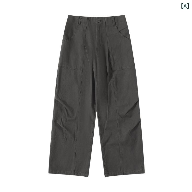 パンツ ユニセックス ワーク カーゴパンツ アメカジ ヴィンテージ 綿100% ゆったりシルエット ロング丈 プリーツデザイン 着痩せ 微ストレッチ 丈夫 デイリーユース 春秋