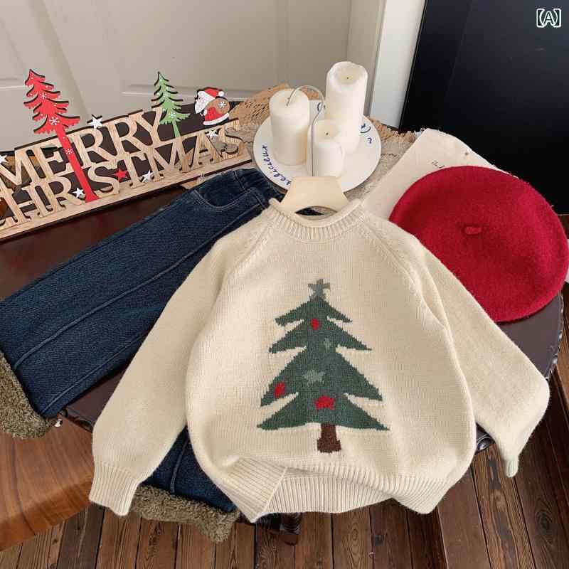セーター キッズ 女の子 子供 クリスマスツリー柄 赤 レッド クルーネック 長袖 厚手 ニット トップス かわいい インナー 重ね着 綿 コットン ソフトタッチ 柔らかい肌触り 着回し 普段使い 韓国風 秋冬 4,270円