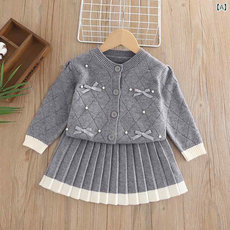 スカートセットアップ キッズ 女の子 学院風 プレッピー 制服風 ニット 蝶結び リボン 長袖 トップス スカート 2点セット 秋冬 韓国風 おしゃれ かわいい 通学 普段使い 毛混紡 ポリエステル グレー