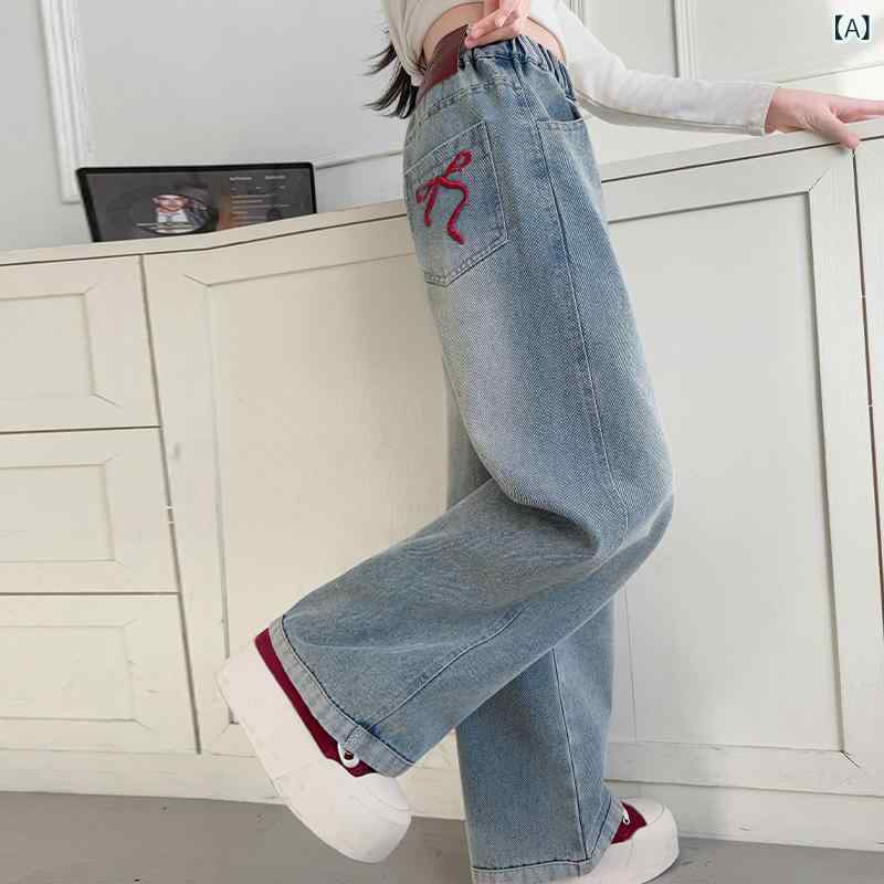 デニムパンツ 女の子 キッズ ジュニア ワイドストレート ロング 春秋 ブルー ポリエステル 柔らか素材 ウエストゴム カジュアル 普段使い 通学