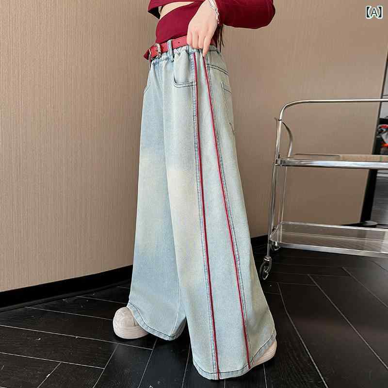 デニムパンツ 女の子 ジュニア 春秋 ストレート ワイド 裏起毛 厚手 ハイウエスト ゴムウエスト 長ズボン ジーンズ ボトムス 普段使い 通学 韓国風