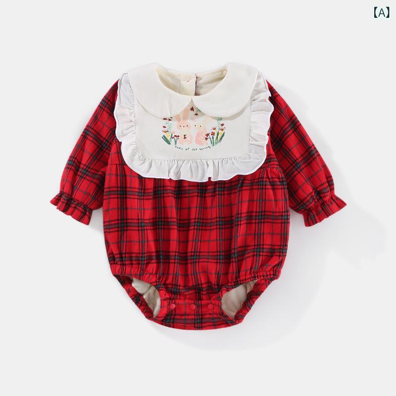 ロンパース 女の子 ベビー 新生児 0歳 1歳 幼児 ドールカラー フリル レッドチェック柄 厚手 長袖 綿 コットン 肌触りやわらか 韓国風 秋冬 お出かけ着