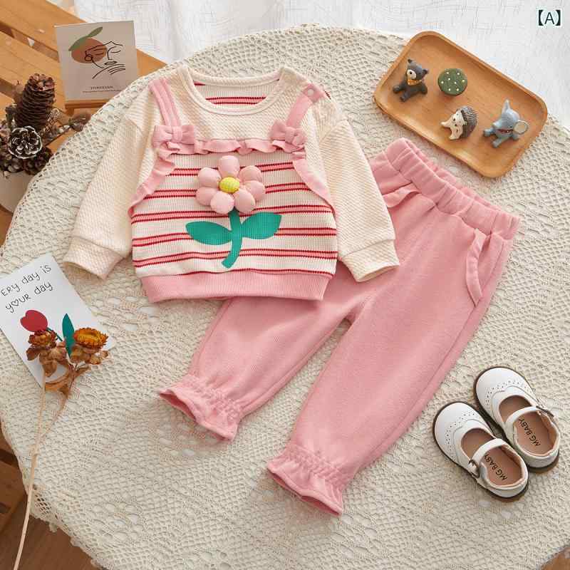 子供服 女の子 ベビー 幼児 春秋 セットアップ 2点セット パンツスタイル 長袖 韓国風 綿 立体小花 アニマル柄 アルファベット柄 かわいい 普段使い ピンク