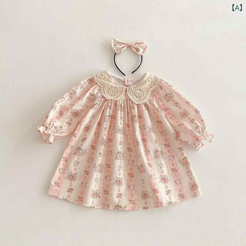 ワンピース 女の子 ガールズ キッズ かわいい フリル襟 長袖 プリンセスドレス コットン 綿 花柄 春秋 Aライン 普段使い お出かけ カジュアル 発表会 上品