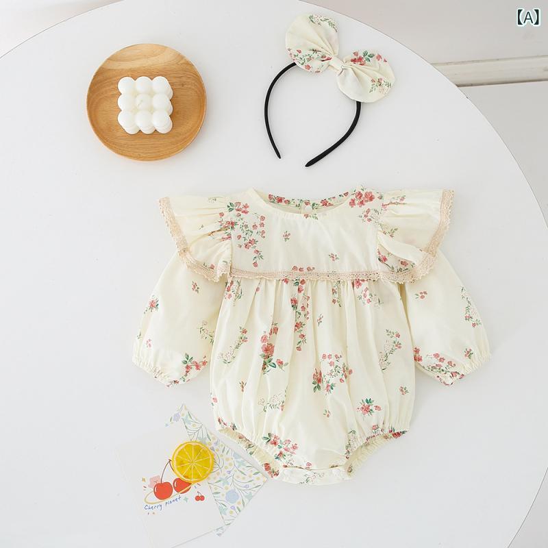 ロンパース ワンピース ベビー 女の子 乳幼児 長袖 フリル袖 小花柄 フラワー柄 春秋 綿100% コットン 肌に優しい 無縫製 かわいい プルオーバー お揃い 普段使い お出かけ着