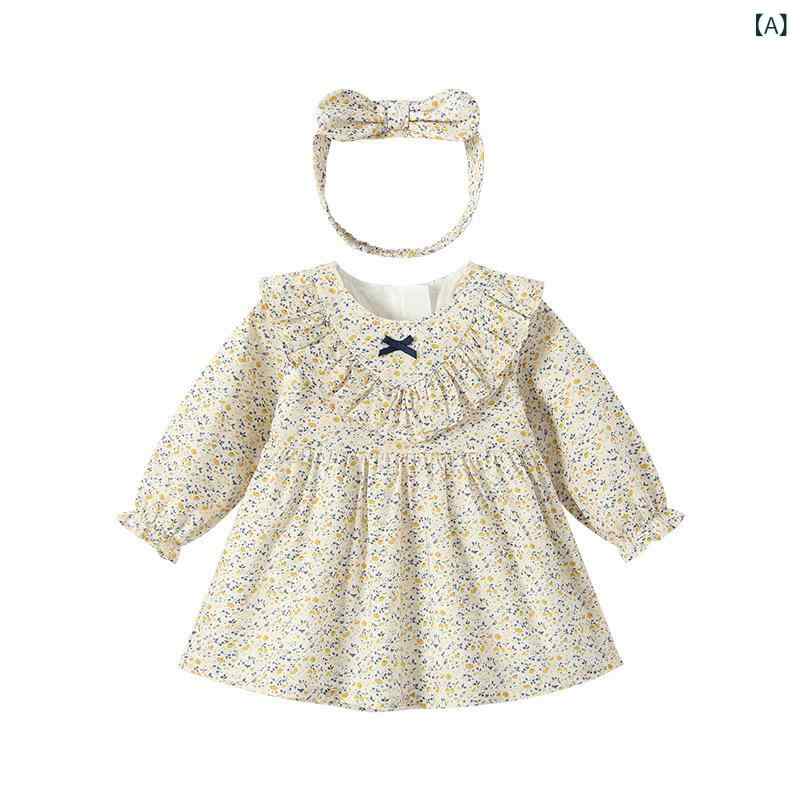 ワンピース ベビー 女の子 1歳 誕生日 プリンセスドレス ドールカラー 襟付き 小花柄 フラワープリント 綿100% コットン 長袖 Aライン 秋冬 淡いイエロー ナチュラル 普段使い お出かけ