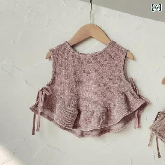 ベビー 女の子 女児 秋冬 ニットベスト フリル リボン クルーネック 丸首 ジレ ソフトタッチ かわいい 幼児 ポリエステル