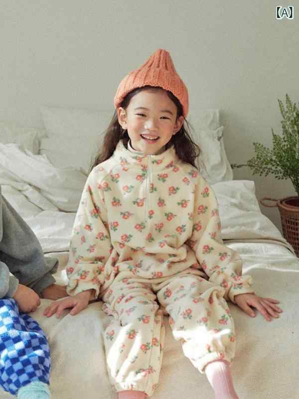 セットアップ 男女兼用 ベビー キッズ 子供用 スタンドカラー 花柄 プリント フリース 裏起毛 保温 防寒 長袖 長ズボン パンツセット カジュアル ルームウェア 秋冬 普段使い 4,456円