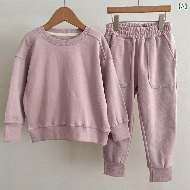 セットアップ キッズ ベビー 男の子 女の子 ユニセックス 韓国風 長袖 スウェット トップス ロングパンツ 2点セット 春秋 綿 コットン 柔らか 無地 カジュアル 普段使い プルオーバー