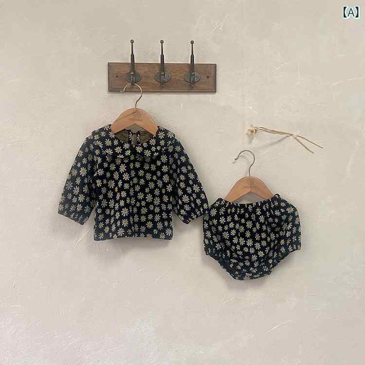 ベビー服 男女兼用 春秋物 セットアップ 2点セット 襟付きトップス ショートパンツ ブルマ 小花柄 デイジー柄 綿混 再生繊維 ブラック ベージュ 赤ちゃん服 お出かけ着 かわいい 普段着
