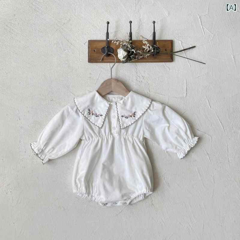 ロンパース 女の子 ベビー 赤ちゃん 綿100% コットン 肌に優しい 北欧風 韓国風 刺繍 ビッグカラー パフスリーブ 長袖 スナップボタン 普段使い お出かけ 春秋 アイボリー ブラウン