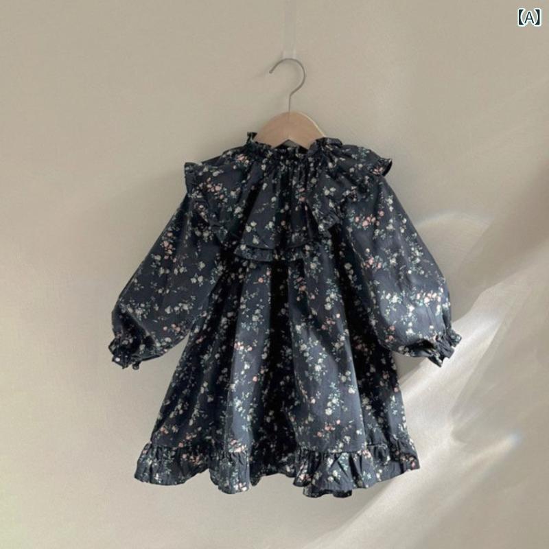 ワンピース 女の子 ベビー キッズ 春秋 田園風 ナチュラル 立ち襟 スタンドカラー フリル 長袖 プリンセス ロング丈 コットン 綿素材 花柄 フラワー 柔らかい肌触り