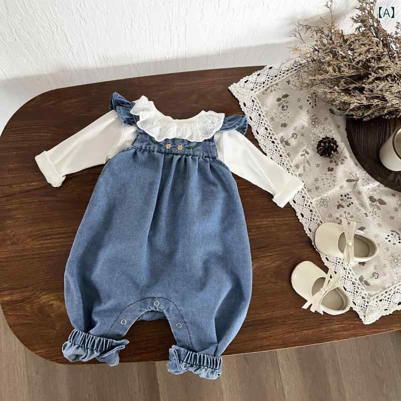 ベビー服 女の子 ロンパース カバーオール デニムサロペット 2点セット 小花柄 韓国風 綿 コットン 柔らか素材 普段使い お出かけ デイリーウェア かわいい おしゃれ 春秋 長袖