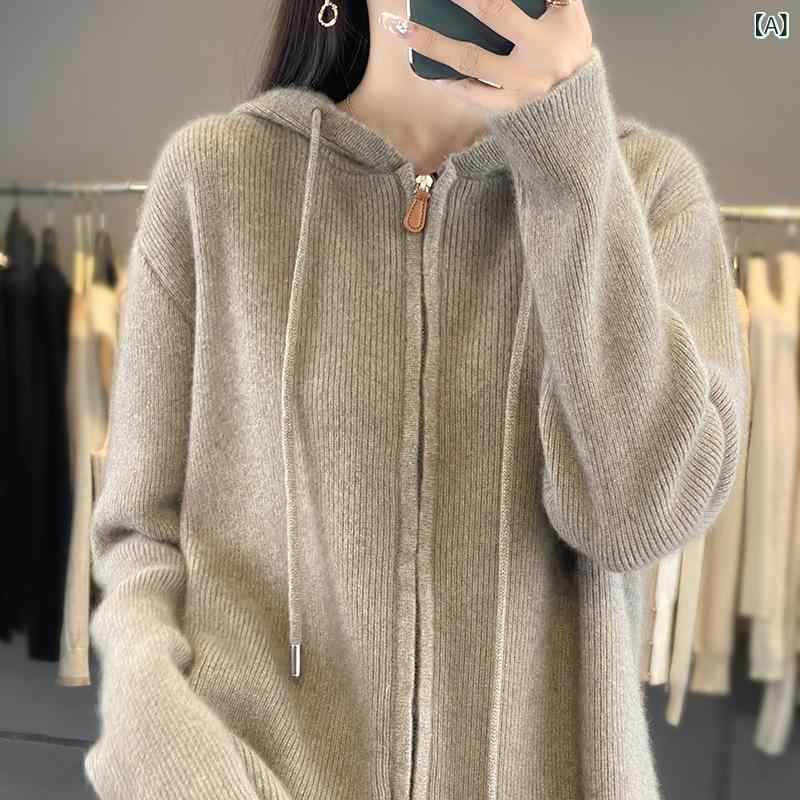 ニットカーディガン レディース 女性用 厚手 フード付き ファスナー ジップアップ 長袖 ゆったり オーバーサイズ 羊毛 カシミヤブレンド 秋冬 上品 エレガント 通勤 大人カジュアル 若見え|naruki