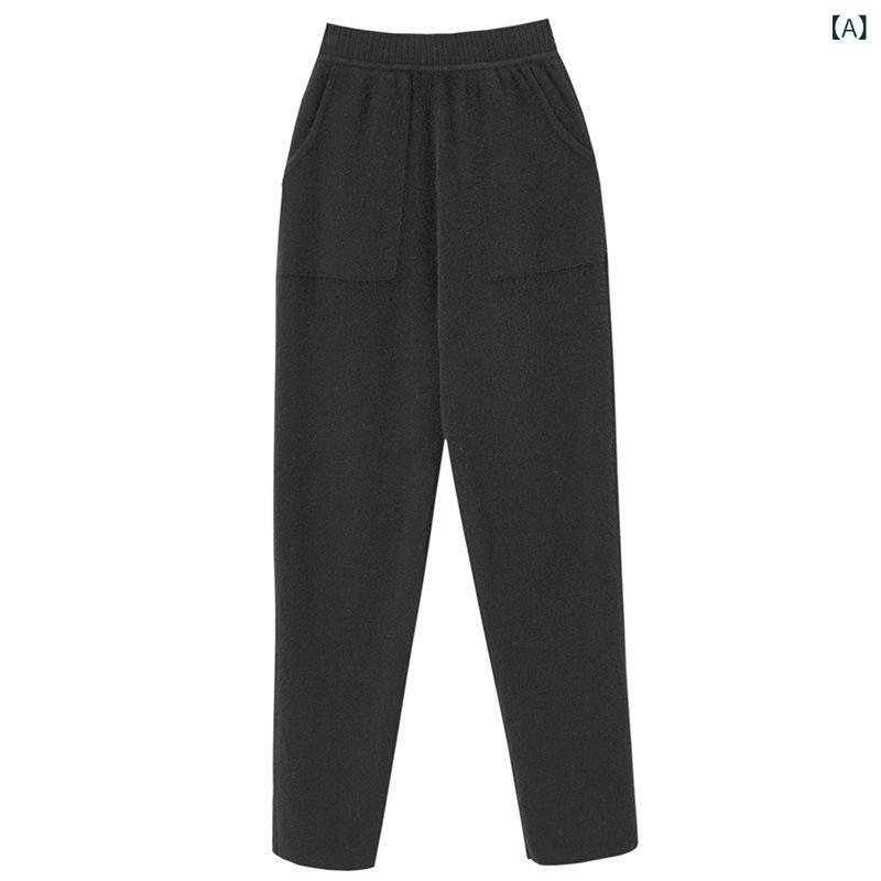 ニットパンツ レディース 秋冬 カシミヤ ウール 厚手 ハイウエスト テーパード 細見え 伸縮性 ポケット付き カジュアル 普段使い 通勤 防寒 ボトムス 長ズボン|naruki