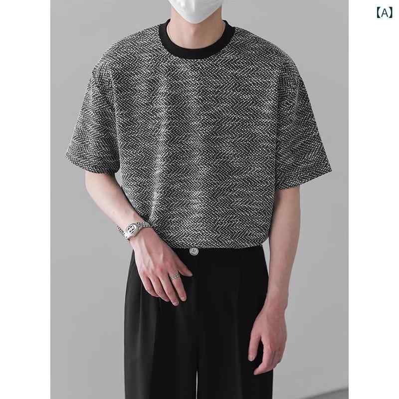 Tシャツ メンズ ニット 半袖 クルーネック ゆったり ルーズフィット 大人カジュアル クリーンフィット 高級感 デザイン性 夏 ポリエステル ジャガード織り 薄手 シワになりにくい デイリーユース 普段使い