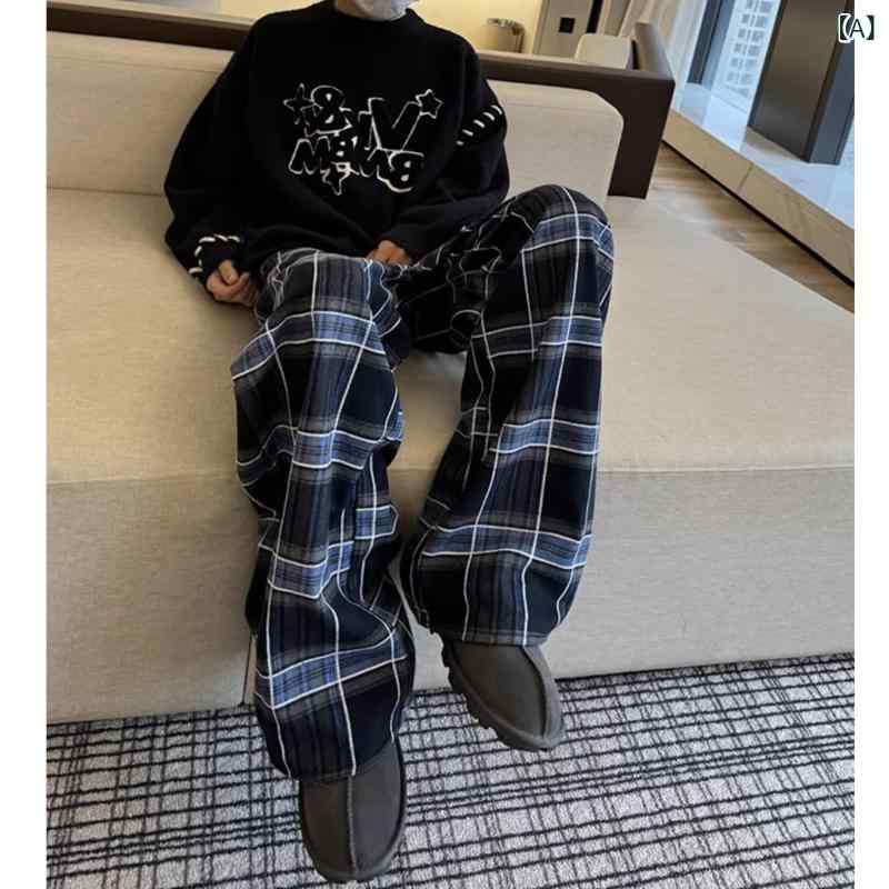 カジュアルパンツ メンズ 男性用 ボトムス アメカジ レトロ チェック柄 ワイド ストレート ゆったり ルーズ 落ち感 普段使い ポリエステル 秋冬