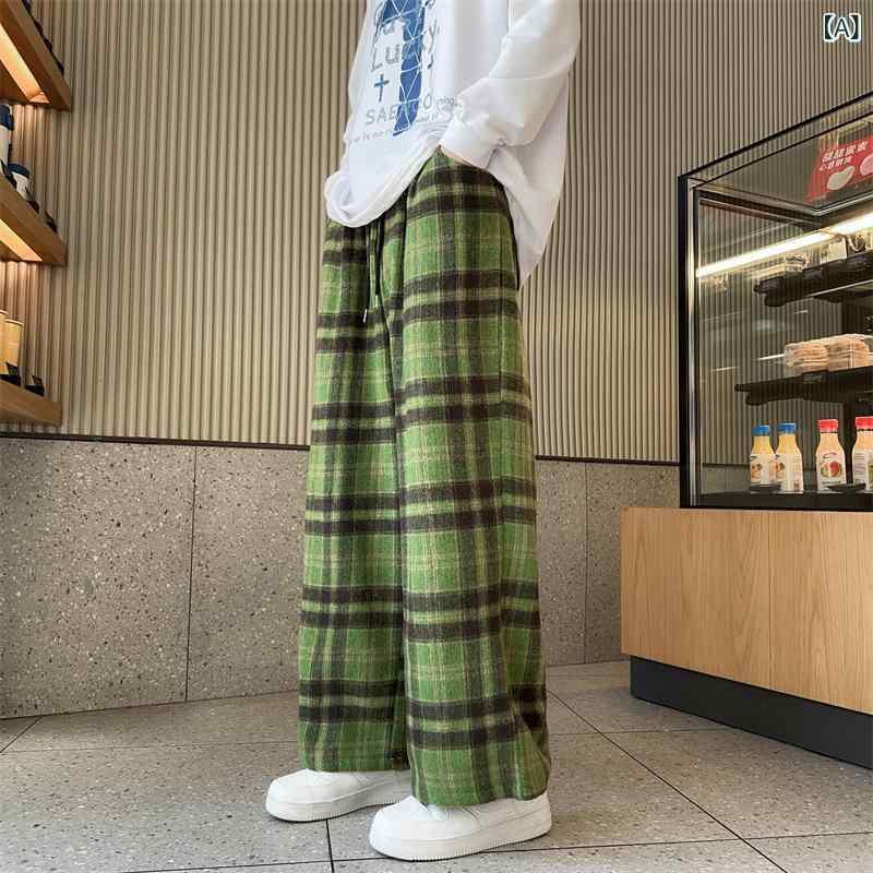 カジュアルパンツ メンズ 秋冬 ウールライク ポリエステル チェック柄 アメリカンレトロ オーバーサイズ ゆったり ストレート ワイド ドレープ感 ミドルウエスト 普段使い ロング丈 着回し