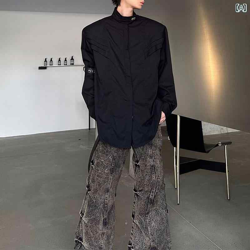 シャツ メンズ 男性用 スタンドカラー 立ち襟 長袖 プリーツ加工 デザイン ゆったり ルーズフィット ストリート系 カジュアル 普段使い 着回し ポリエステル ウォッシャブル 洗濯機可 形態安定 ノーアイロン 薄手 トップス 秋冬
