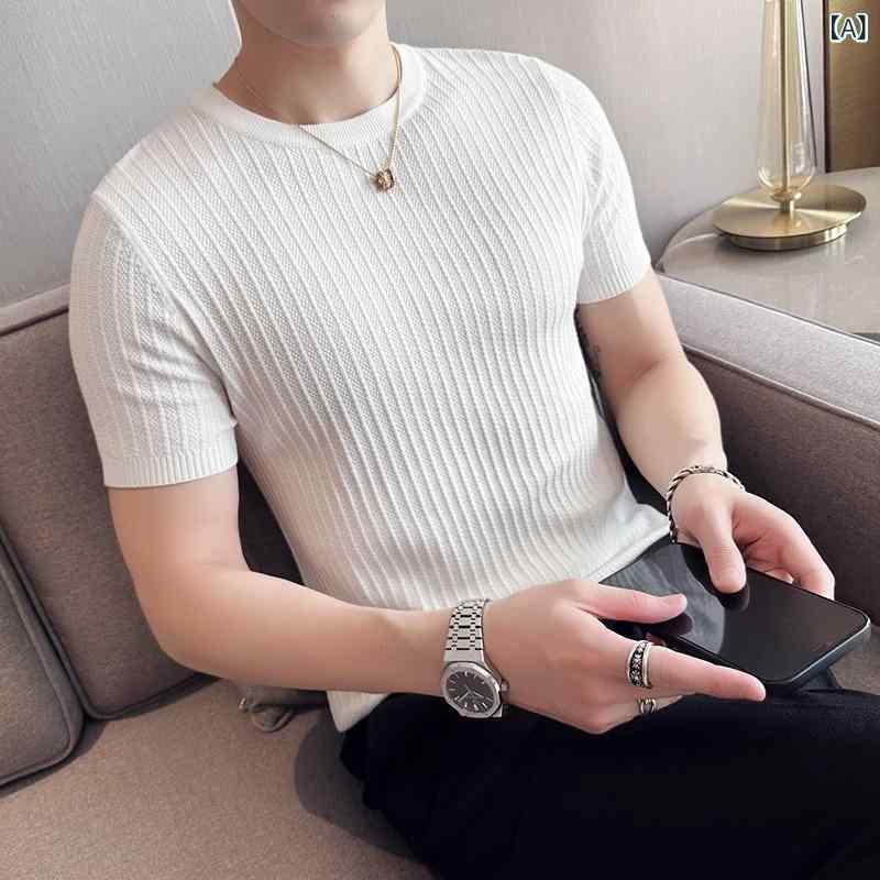 Tシャツ メンズ スタイリッシュ クール スリムフィット ニット 半袖 クルーネック 無地 織り柄 ストライプ柄 ポリエステル シルケットコットン 薄手 ライトラグジュアリー 大人カジュアル トップス 春夏