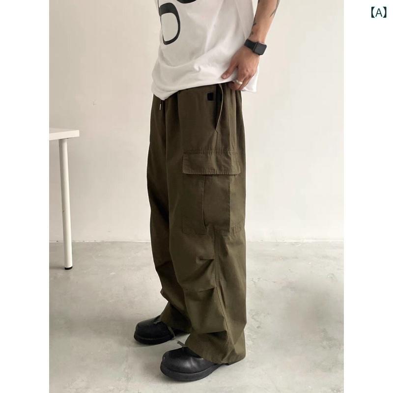 カーゴパンツ メンズ 日系 レトロ ベーシック パラシュートカーゴパンツ ゆったり ルーズフィット ワイドシルエット ストレート 丈長 カジュアル アメリカンカジュアル ポリエステル 通年