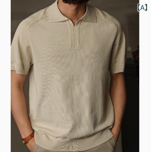 ポロシャツ メンズ 男性 上品 クラシック 薄手 高級感 Vネック ニット 半袖 ポリエステル ルーズフィット ウォッシャブル 普段使い カジュアル 春夏