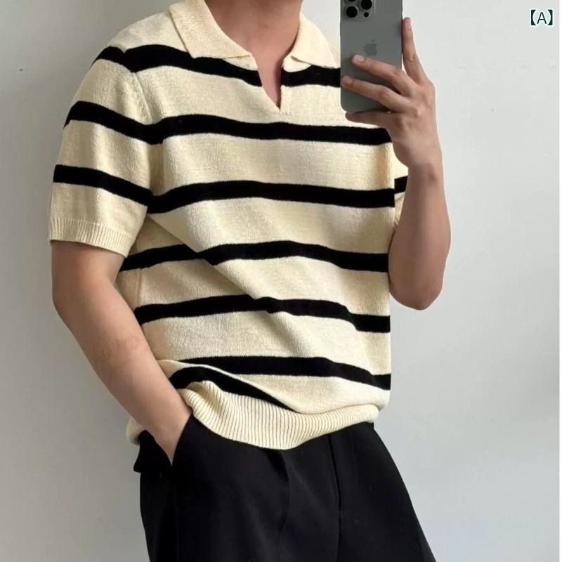 Tシャツ メンズ 半袖 ポロシャツ 白黒 ボーダー 透かし編み 接触冷感 サマーニット ポリエステル 薄手 軽量 通気性 カジュアル ストリート アメカジ 韓国ファッション ゆったり ルーズシルエット オーバーサイズ デザイン こなれ感 普段使い 春夏