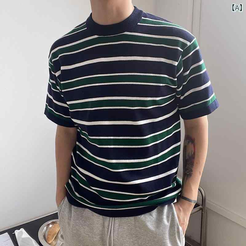 Tシャツ メンズ 春夏 韓国 ニット ストライプ 半袖 クルーネック ゆったり ルーズフィット ポリエステル 接触冷感 薄手 カジュアル 大人カジュアル 切り替えデザイン トレンド トップス
