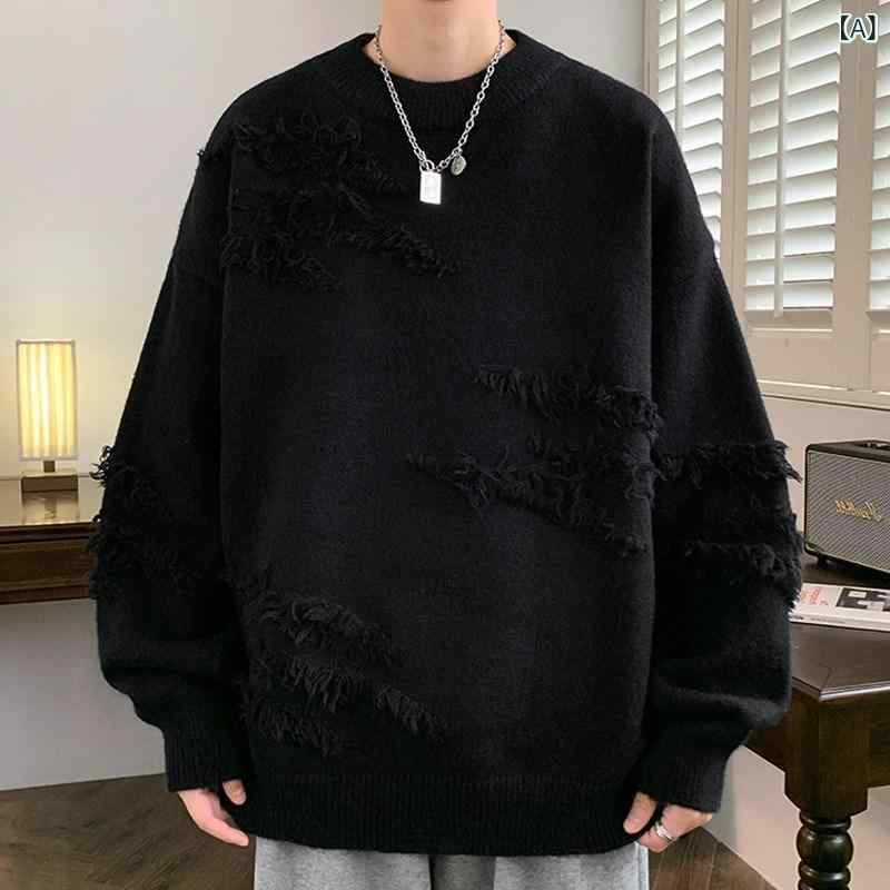 ニット メンズ 男性用 クルーネック セーター ゆったり ルーズフィット 日本風 レトロ ヴィンテージ 個性的なデザイン トレンド感 秋冬 プルオーバー アウター 普段使い