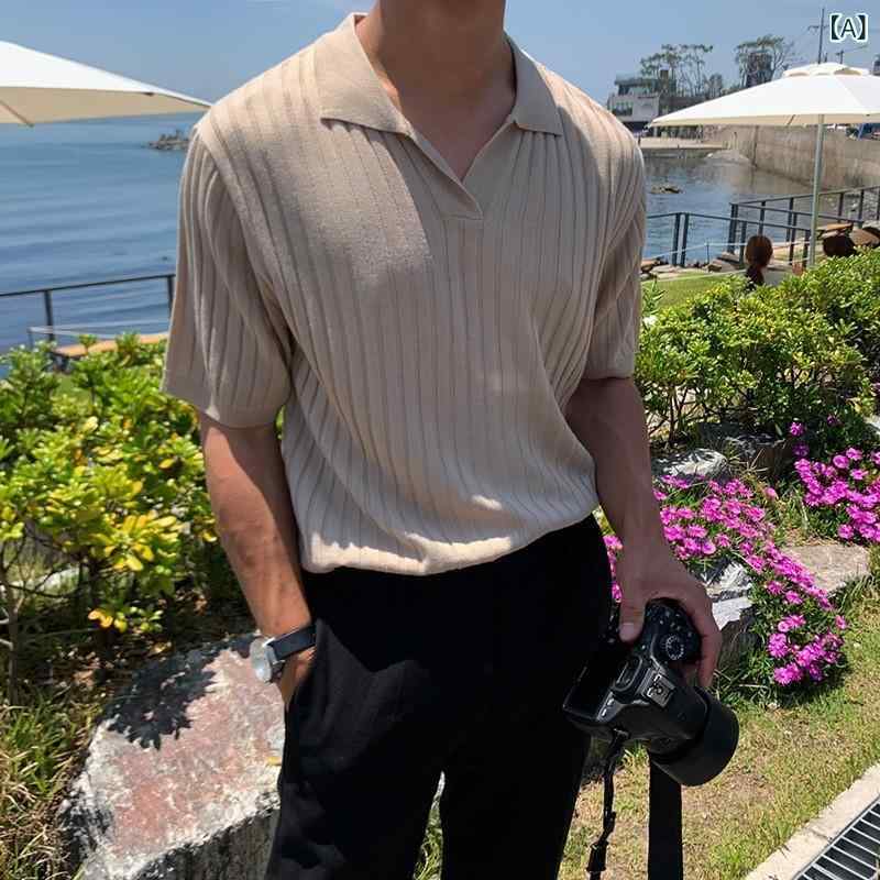 Tシャツ メンズ 夏物 接触冷感 薄手 スリムフィット ポリエステル ニット ポロ襟 デザイン 韓国ファッション 普段使い カジュアル 万能 若者向け トップス 無地