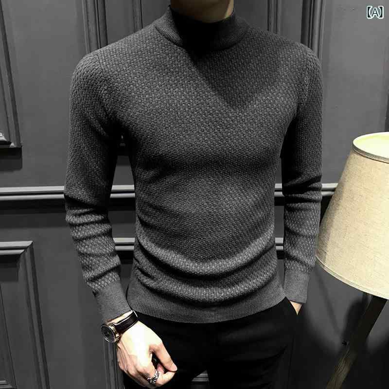ニット メンズ 秋冬 モックネック プルオーバー 長袖 スリムフィット トップス カットソー おしゃれ トレンド 韓国風 ポリエステル カジュアル 普段使い