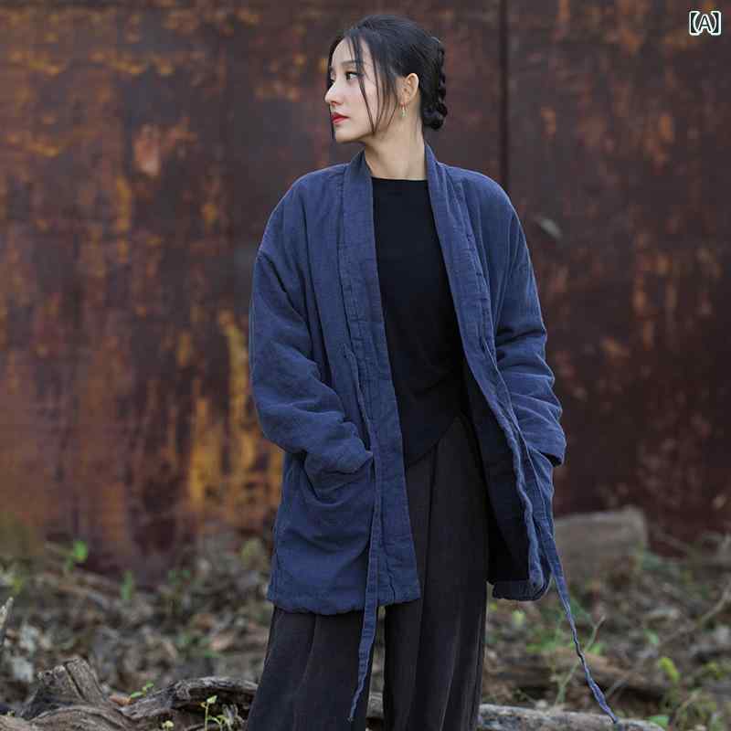 中綿上衣 レディース 秋冬 麻混 カラムシ綿織物 朦々たる 生あたたかい 保温 防寒 レトロ 禅表現スタイル 和今めかしい 美術風 風変わり染め ムラ染め ヴィンテージ製作 V素っ首 真っただ中丈 長袖 ゆったり 厚地の外套大きさ 伸び伸びする相応う 前食い違い 紐挙げ句の果て
