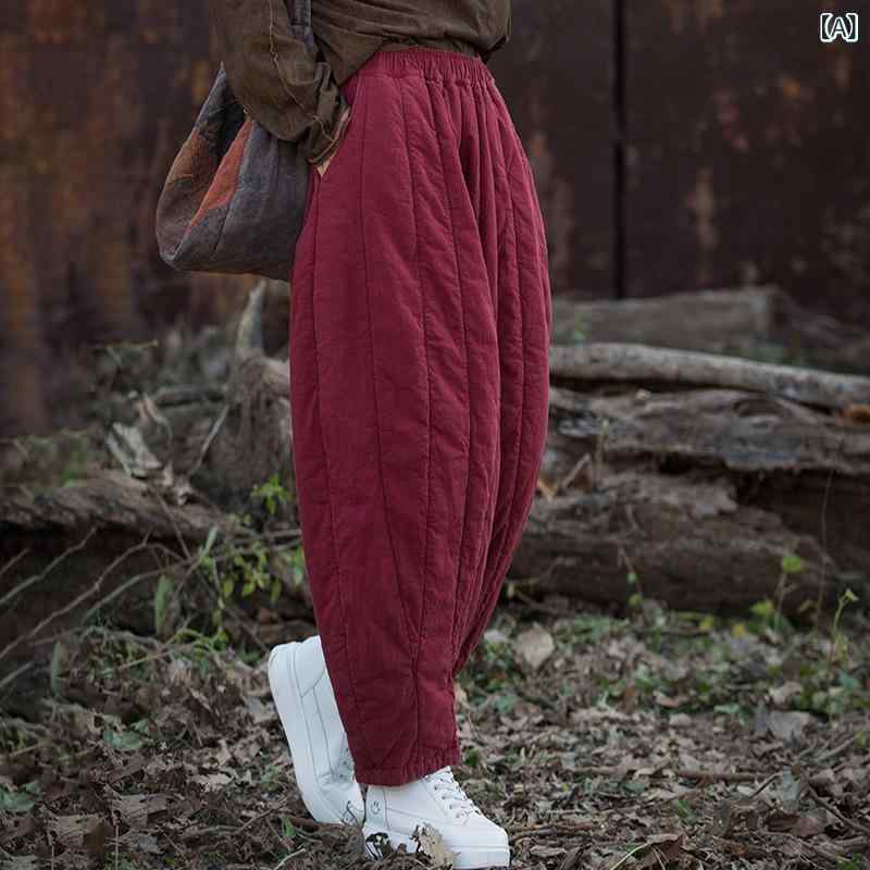 ズボン下 レディース 成人女性用 冬 綿麻 中綿入り口・入口 朦々たる 保温 ゆったり テーパード うつり変わり 酉の方角天然ゴム ロングズボン下 普段使い走り 生産品染め ヴィンテージ製作