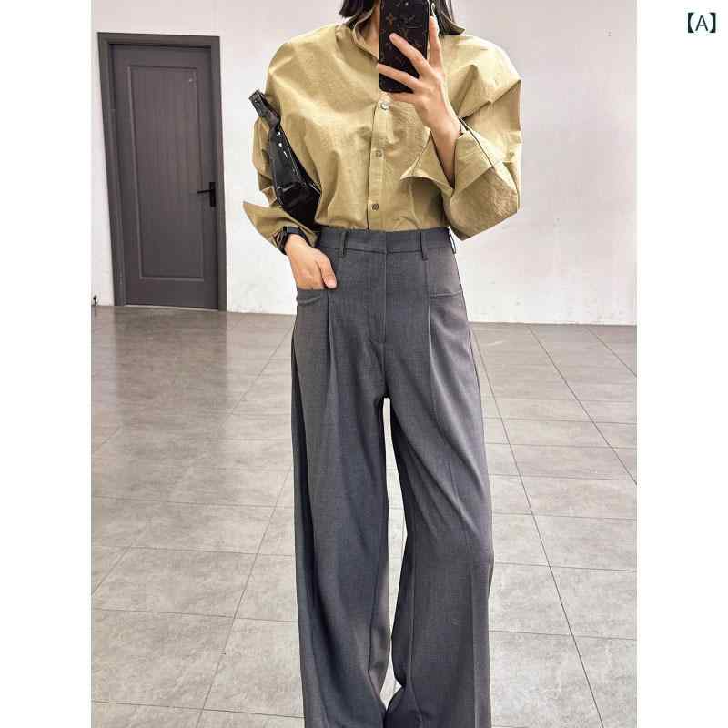 パンツ レディース オールシーズン ワイドパンツ スラックス ハイウエスト ロング丈 高級感 エレガント 上品 通勤 オフィス カジュアル デイリー 着痩せ効果 伸縮性 ポリエステル グレー