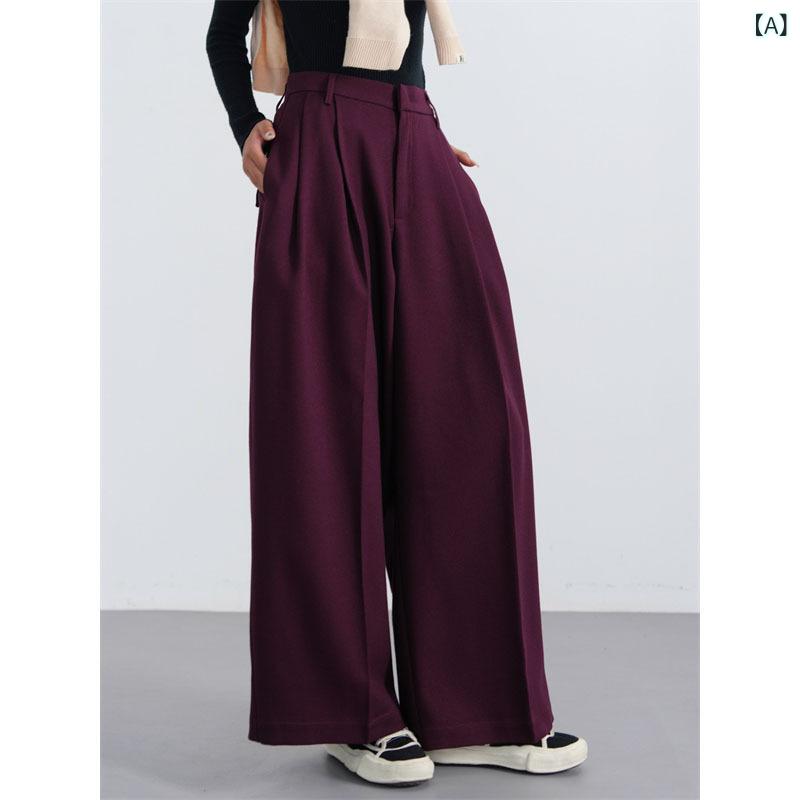 パンツ レディース 秋冬 ハイウエスト ワイドパンツ ロング丈 ゆったり 細見え スラックス アンゴラレッド ワインレッド 落ち感 ドレープ ポリエステル レーヨン 微ストレッチ 通勤 オフィス きれいめ