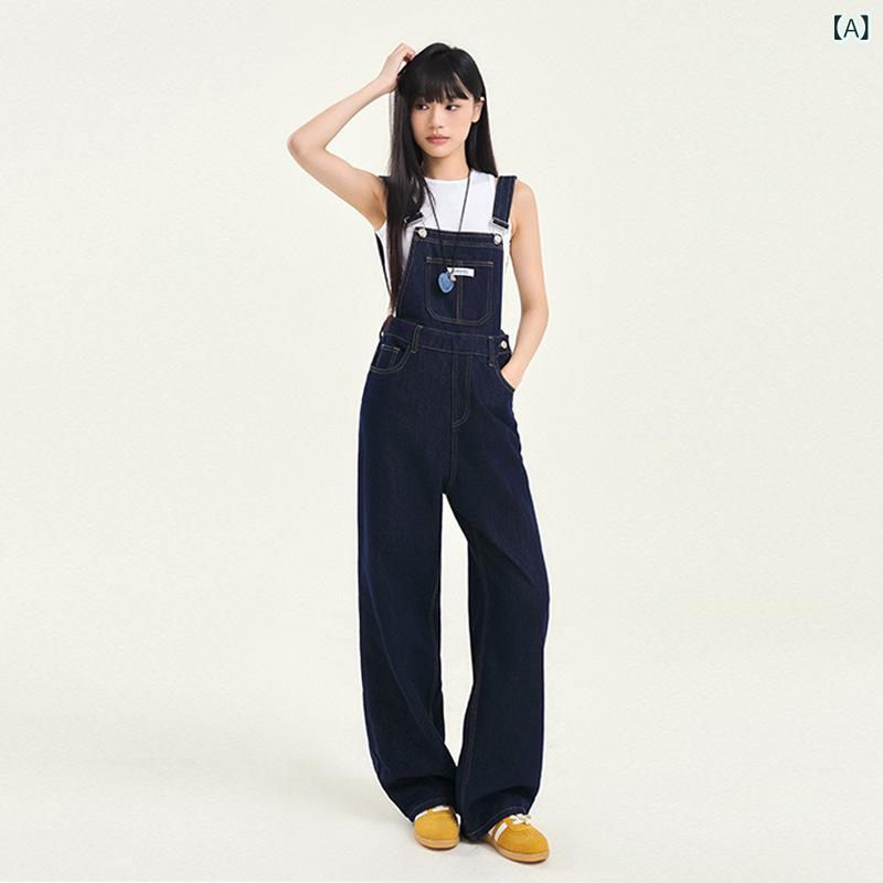 デニムパンツ レディース レトロ ヴィンテージ ウォッシュ加工 ワイドシルエット サロペット オーバーオール ハイウエスト フルレングス丈 ゆったり ルーズフィット カジュアル 普段使い ストリートファッション ポケット付き 綿 ポリエステル 紺 黒 秋