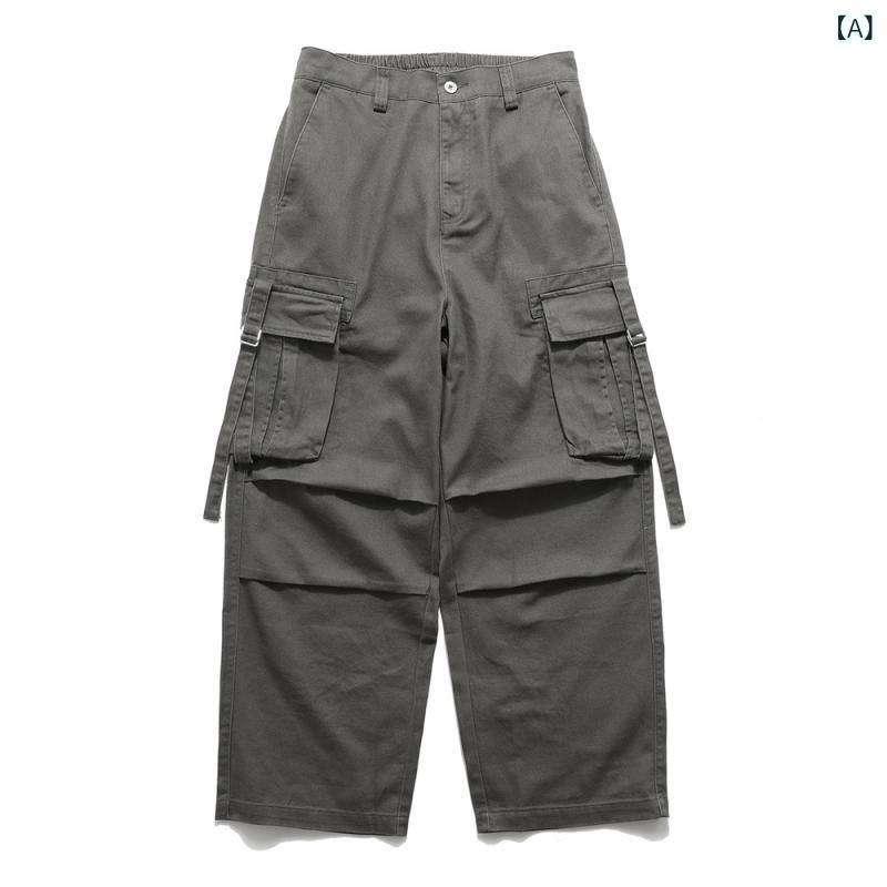 ワークパンツ メンズ 日本風 ストリート系 機能性 アメリカン 膝タック 無地 ゆったり ルーズ ワイド ストレート ロング丈 綿混 コットン グレー ブラック グリーン ブラウン カジュアル ボトムス