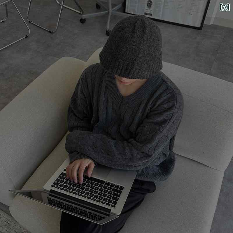 ニット メンズ 男性用 Vネック プルオーバー 長袖 ケーブル編み ゆったり スクール風 韓国系 トレンド カジュアル 保温 暖か アクリル ダークグレー 秋冬 セーター