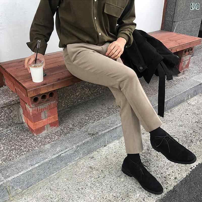 スラックス メンズ 男性用 秋冬 スリム 細身 ストレート アンクル丈 裏起毛 厚手 保温 あったか ポリエステル カジュアル トレンド オフィス 通勤 カーキ ボトムス｜naruki