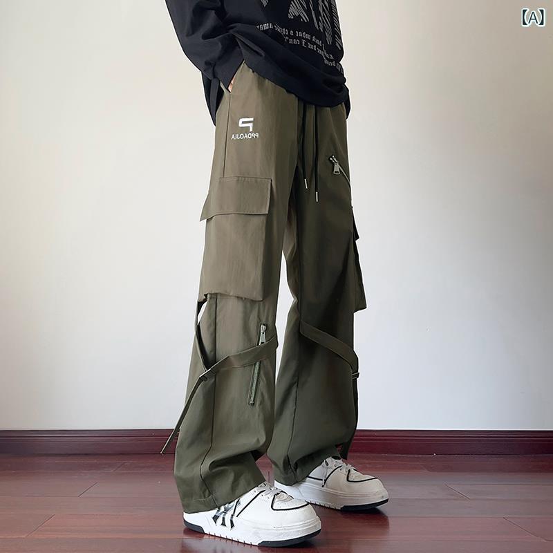 カーゴパンツ メンズ 男性用 ゆったり ワイドストレート ミリタリー パラシュートパンツ アメカジ ストリート系 機能性 速乾 ストレッチ ジップデザイン シワになりにくい 秋 普段使い カジュアル